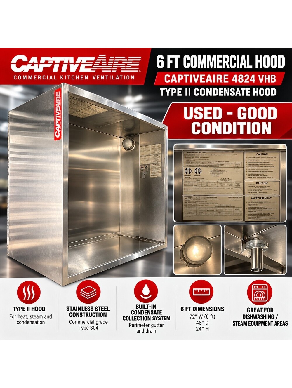 CaptiveAire 72” Commercial Type II Hood – Model 4824 VHB – 6 Ft